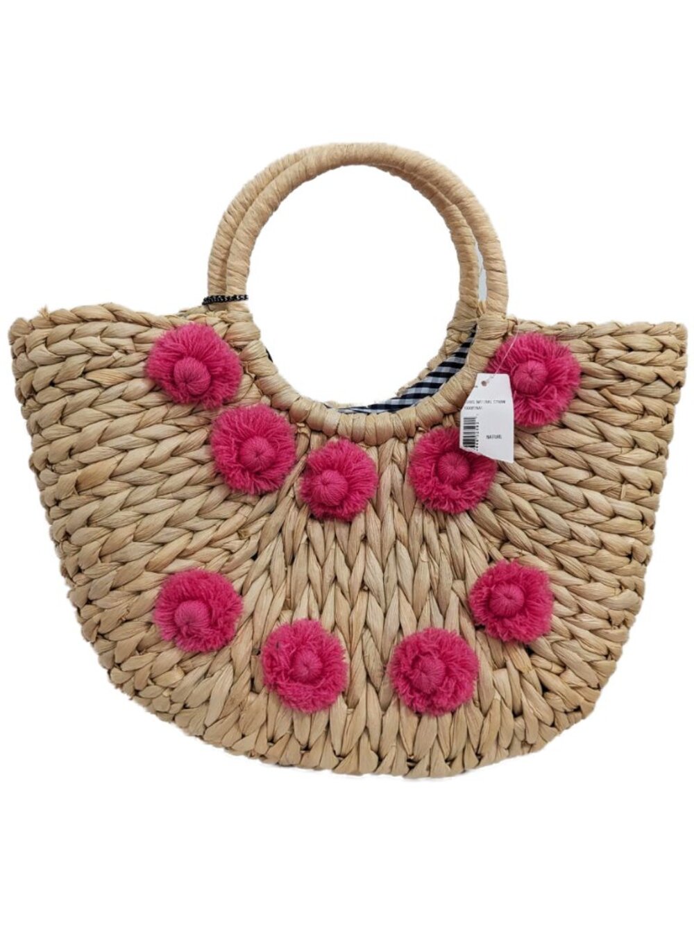 NWT: Woven Raffia Straw Summer Bag with Pink Floral Puffs & Gingham Interior